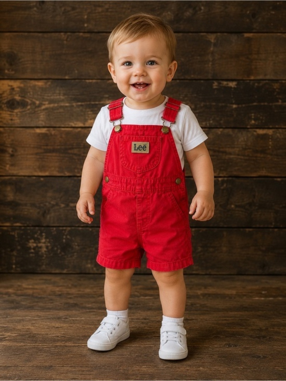 Vintage Lee Baby Overalls 12M Red Shortalls Snap Bottom 80s 90s USA